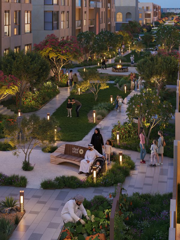 Neighbours in an apartment courtyard garden at dusk