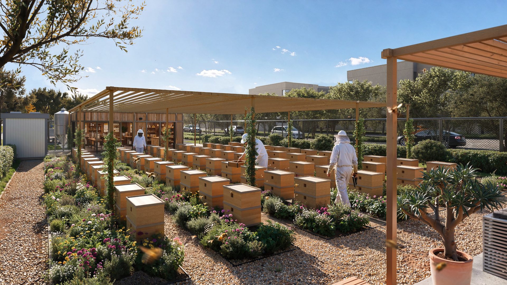 Beehives under a timber pergola
