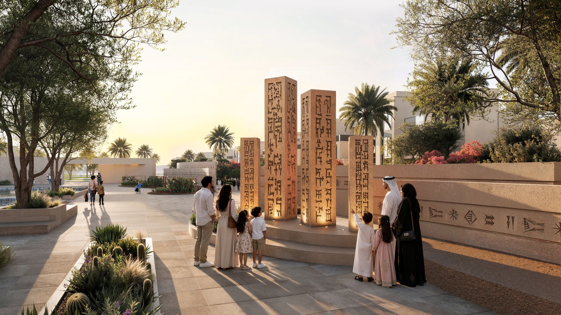 Families reading carved stone pillars in the museum