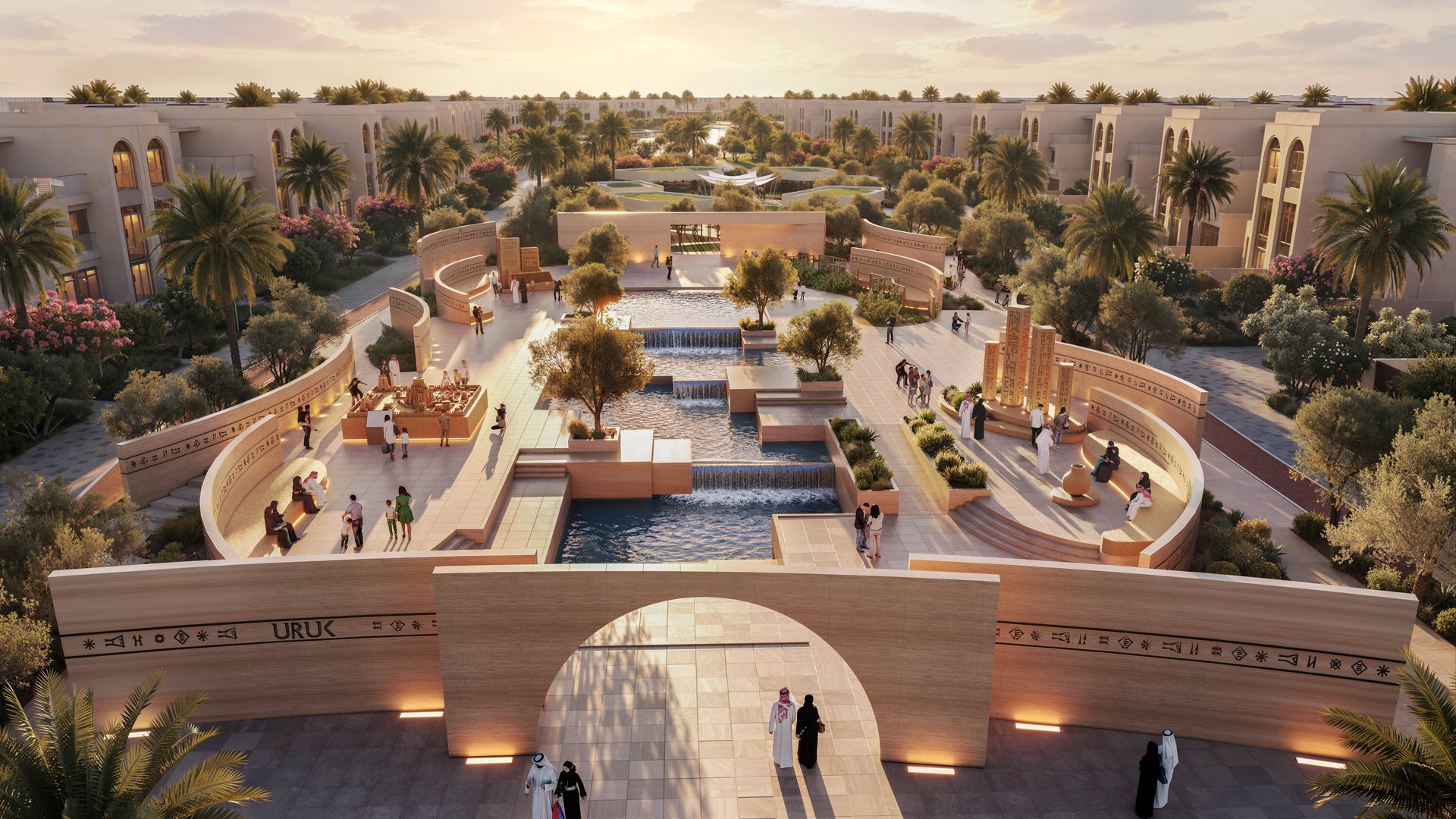 The open-air museum at sunset: water channels, curved walls carved with early writing and a model of the ancient city