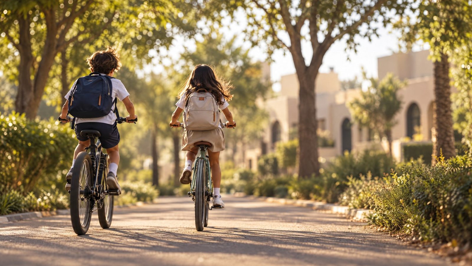 Two children cycling on a park path