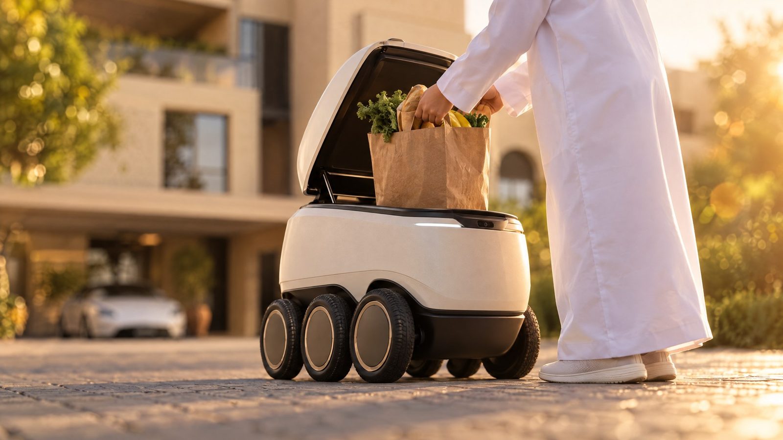 A delivery robot outside a home