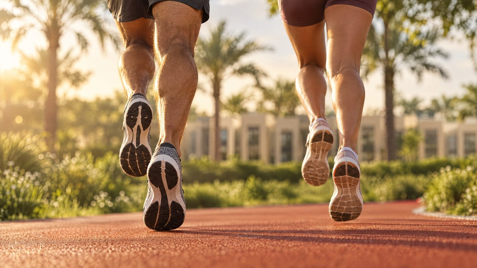 Two people running on a red track under palms
