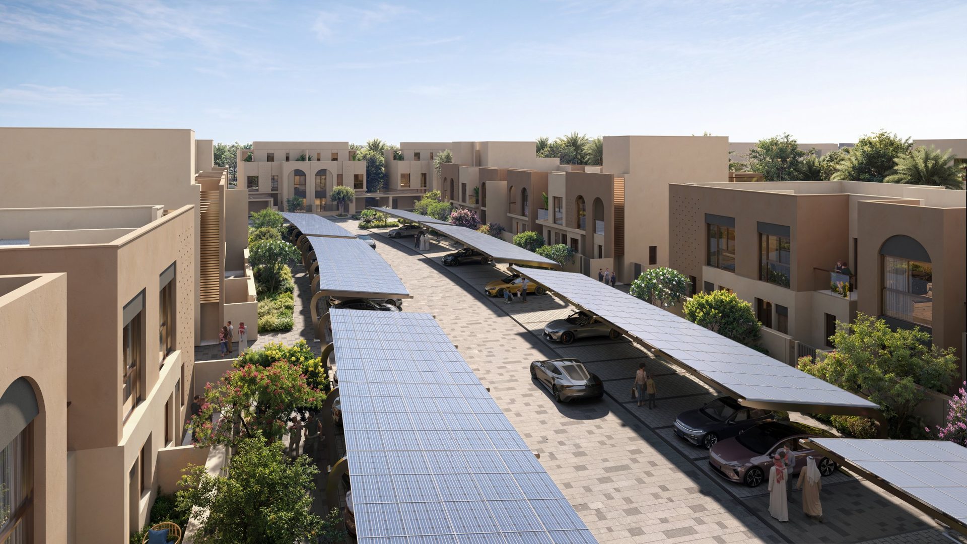 Solar canopies over a residential street
